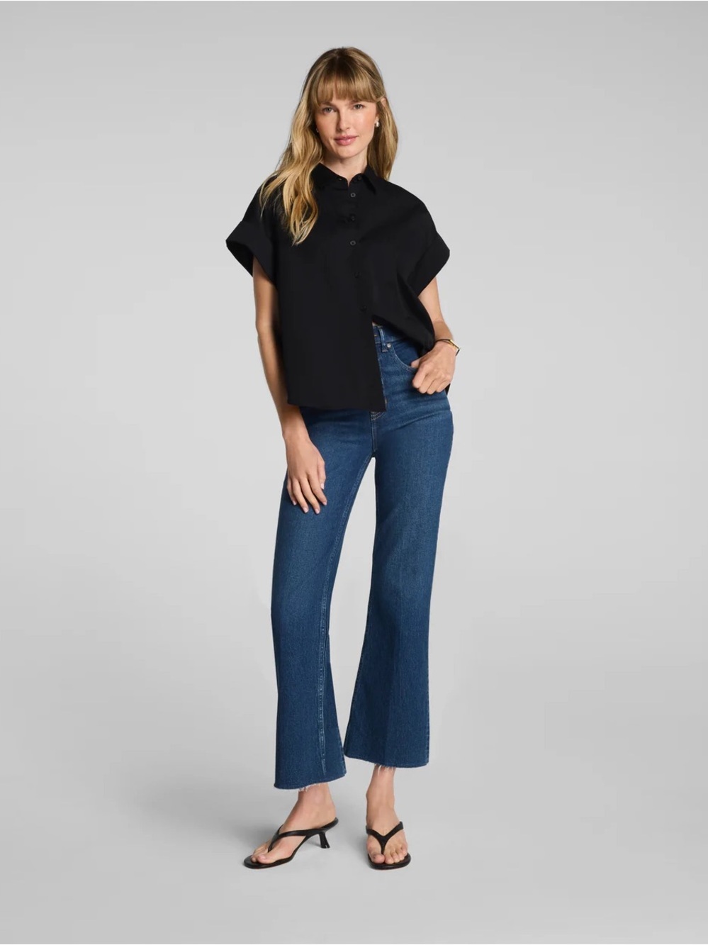 SPANX Raw Hem Pull On High-Rise Cropped Kick Flare Jeans in Medium Blue, S